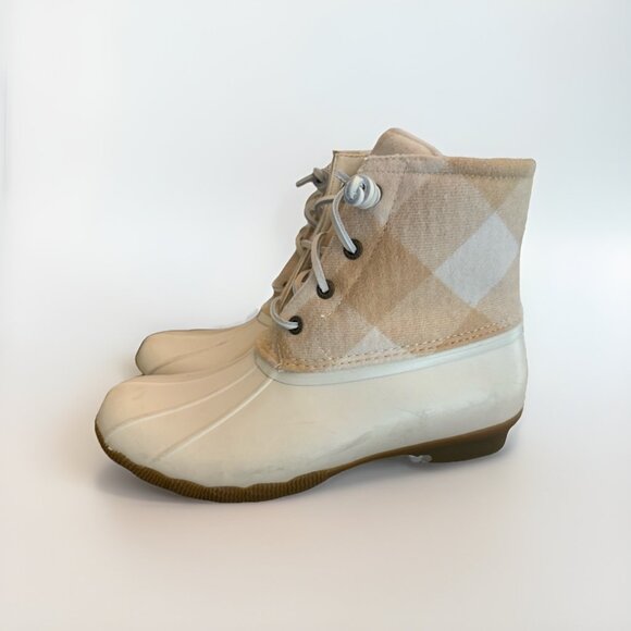 Sperry Women’s‎ Cream & Tan Saltwater Buffalo Check Duck Rain Boots Shoes Sz 7.5 - Picture 2 of 7